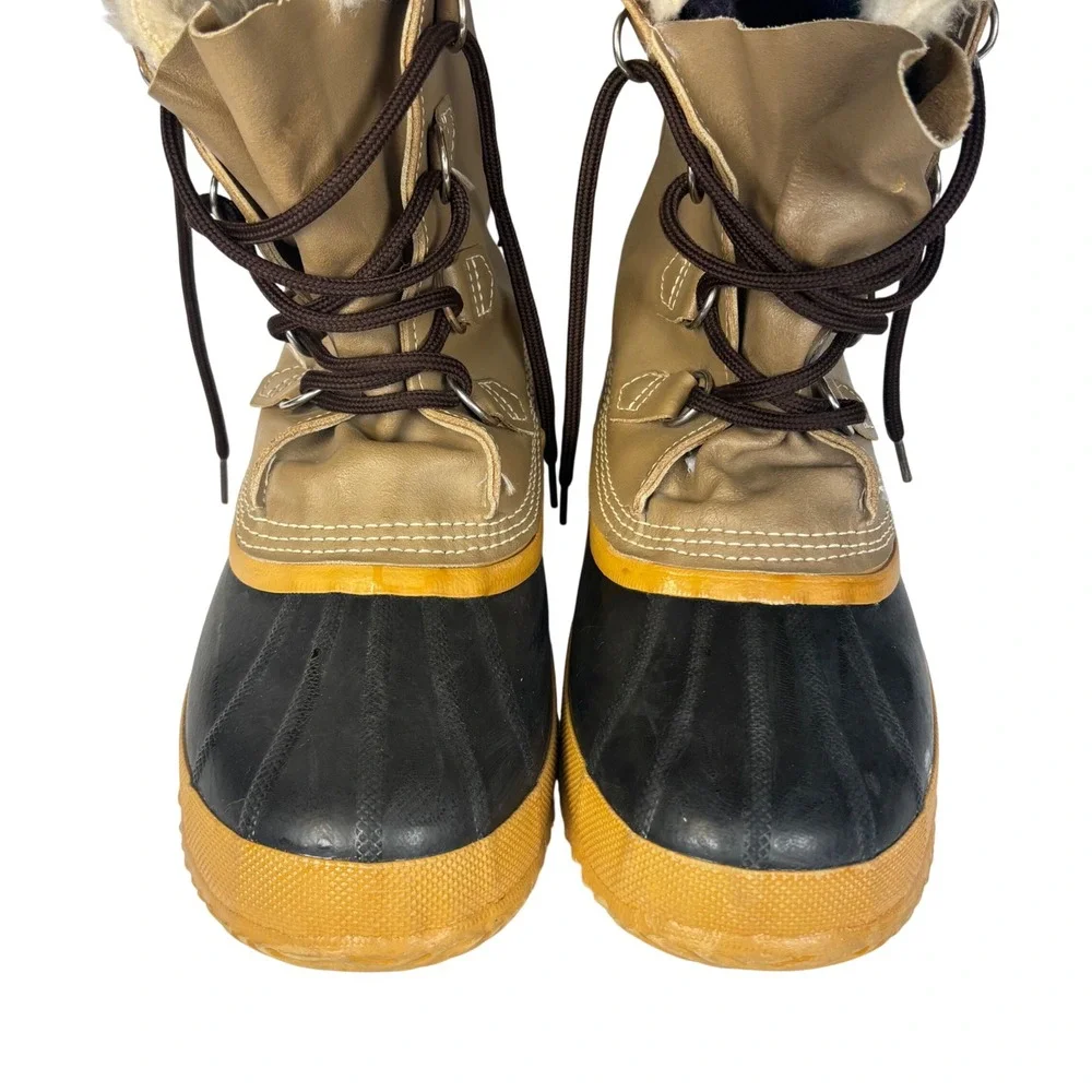 Sorel Snow Boots Tan Brown Leather Heavy Duty Rubber Faux Fur Winter Mens 9